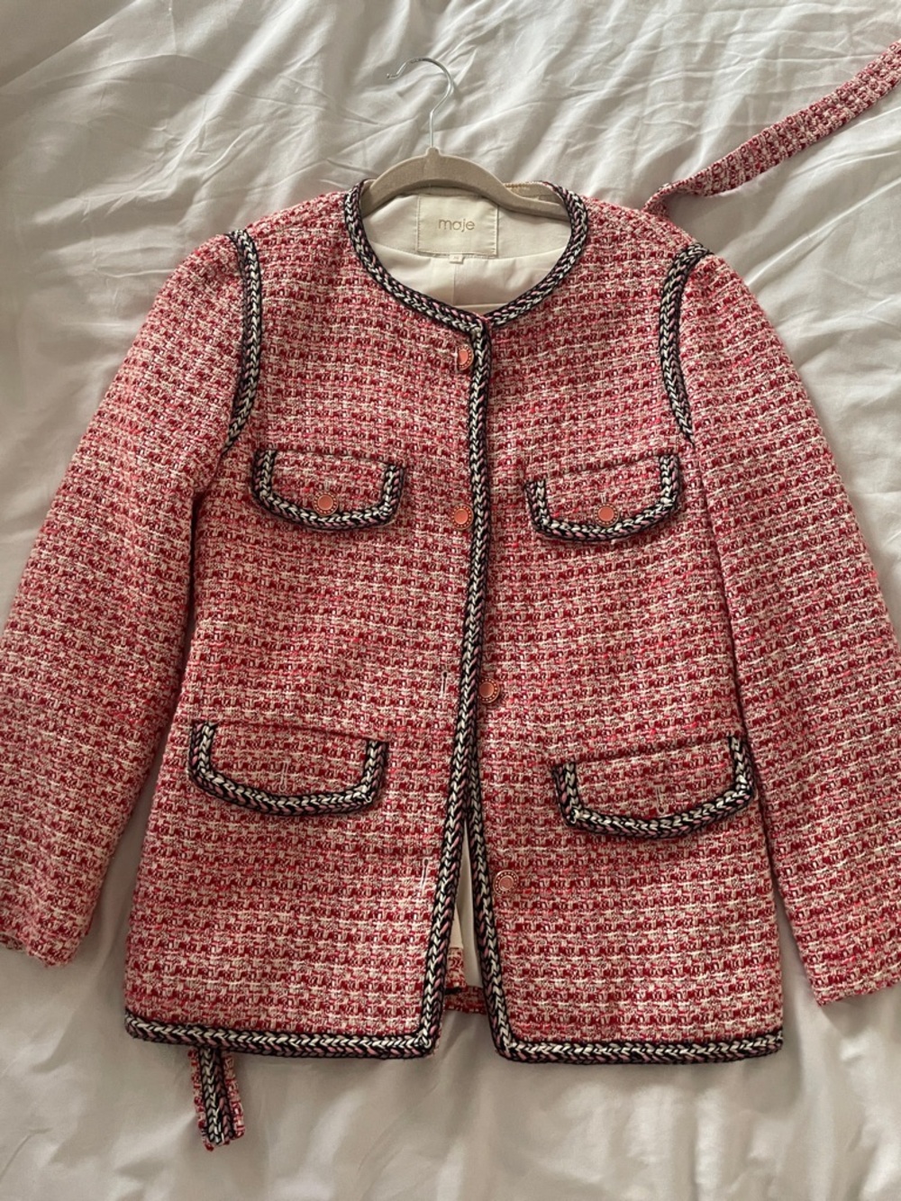 Maje Pink Tweed Belted Jacket & Flared Skirt Set
